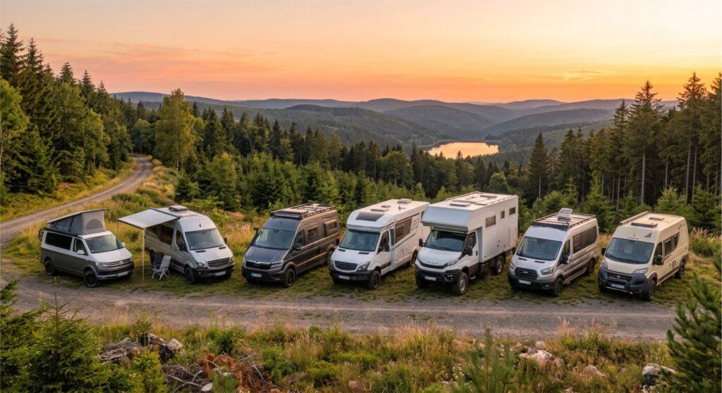 Campervans und Overlander nebeneinander an einem Waldweg im Thüringer Wald